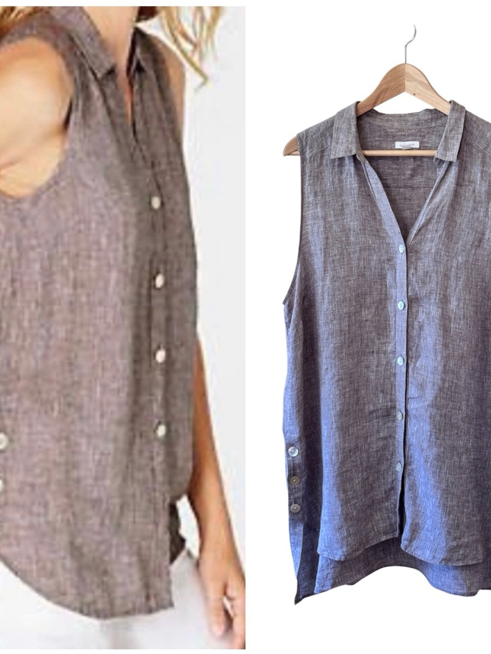 J. Jill Love Linen Sleeveless Button-Front 100% Linen Tunic - Taupe XL Tall